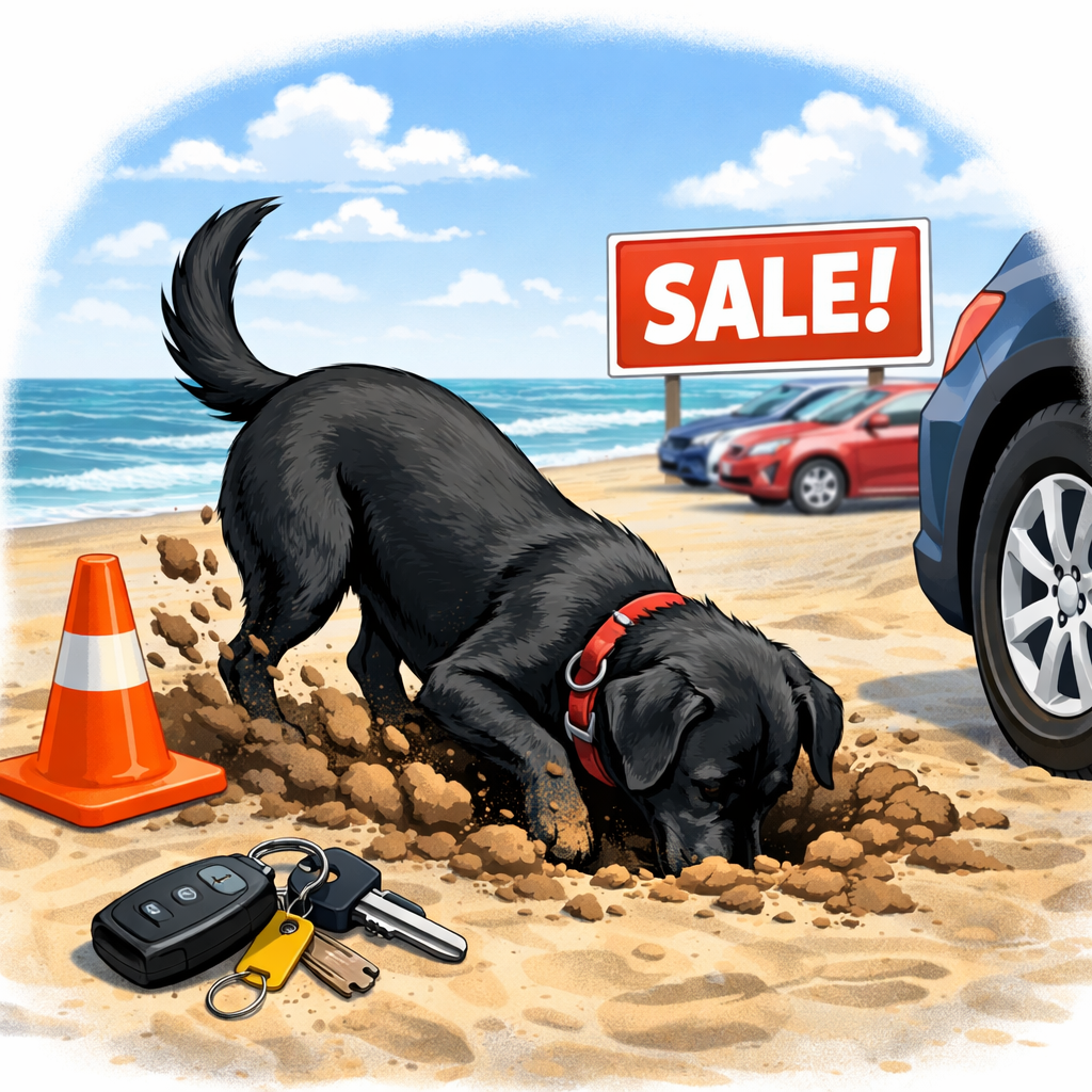 Black lab digging on the beach with dealership cues